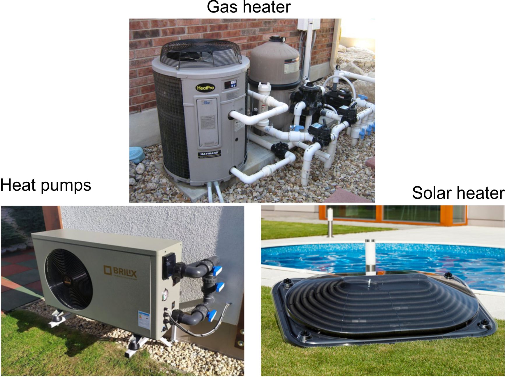 Pool heaters gas, solar and heat pumps